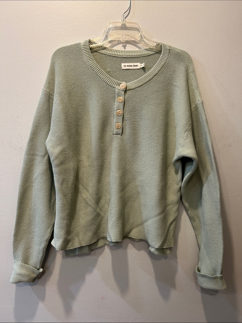 The Normal Brand Light Sage Waffle Henley sweater  - few manufactured snags